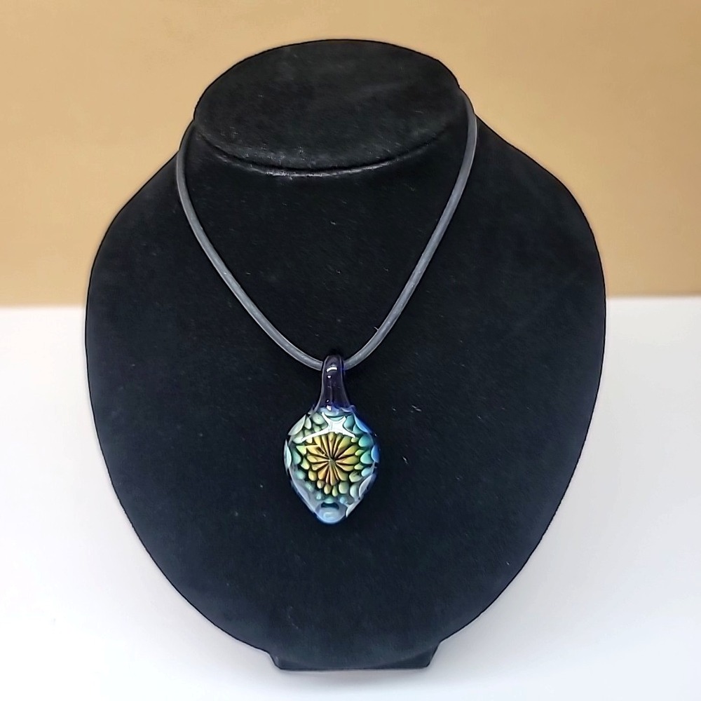 Handblown Glass Pendant Blue/Green/Yellow/Orange Explosion Burst Silicone Cord